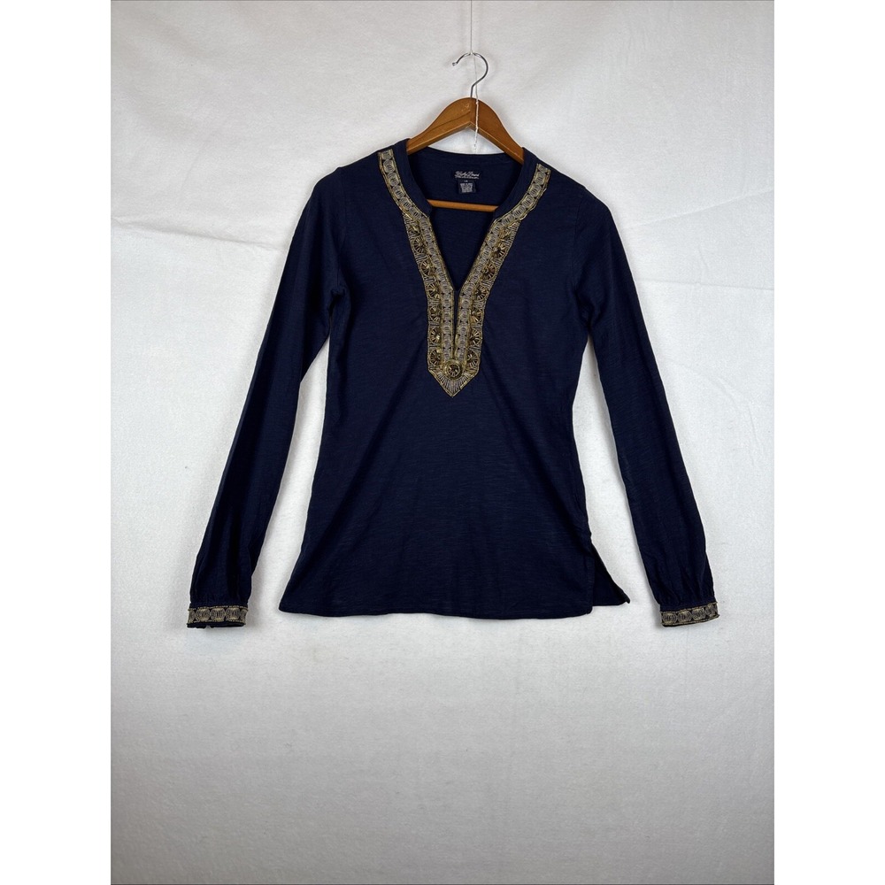 Lucky Brand Womens Navy XS Gold Metallic Beaded V-Neck Long Sleeve Pullover
